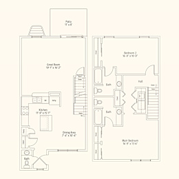 A floor plan of a house with a kitchen, two bathrooms, and two bedrooms.