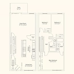 A floor plan of a house with a patio, two bedrooms, a great room, a kitchen, a dining area, and two bathrooms.