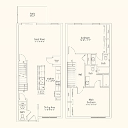 A floor plan of a house with a patio, great room, kitchen, dining area, and three bedrooms.