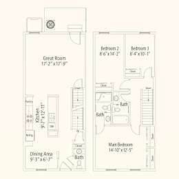 A floor plan of a home with a great room, two bedrooms, a pantry, a kitchen, a dining area, and two bathrooms.