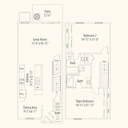 A floor plan of a house with a patio, two bedrooms, a great room, a kitchen, a dining area, and two bathrooms.