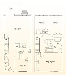 A floor plan of a house with a kitchen, dining area, and multiple bedrooms.