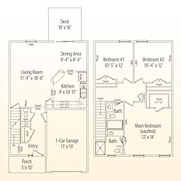 A floor plan of a house with a living room, kitchen, two bedrooms, a dining area, a deck, a 1-car garage, and a porch.