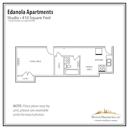 a floor plan of a studio apt with a bathroom, kitchen, and a living area