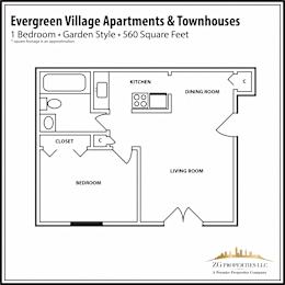 1 Bedroom Garden Style Floor Plan at Evergreen Village Apartments & Townhouses, Ohio, 44035