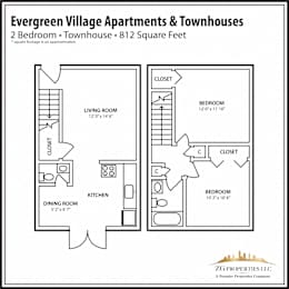 2 Bedroom Townhouse Floor Plan with Dining Area at Evergreen Village Apartments & Townhouses, Elyria, Ohio