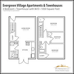 3 Bedroom Townhouse Floor Plan with Washer/Dryer Hook-ups at Evergreen Village Apartments & Townhouses, Elyria, OH, Ohio, 44035