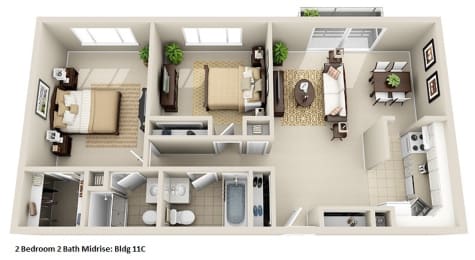 a 3d floor plan of a house with a bedroom and a living room at Huntington Green Apartments, University Heights, OH, 44118