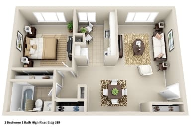 a 3d floor plan of a house with a bedroom and a living room at Huntington Green Apartments, University Heights, OH