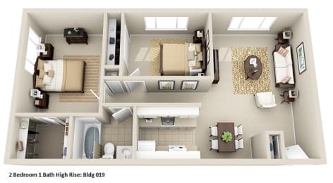 a 3d floor plan with a bedroom and a bathroom at Huntington Green Apartments, Ohio