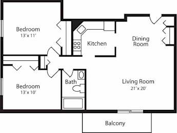 Two Bedroom One Bathroom 900 SF Floor Plan at Hummingbird Pointe & The Gardens, Parma, Ohio