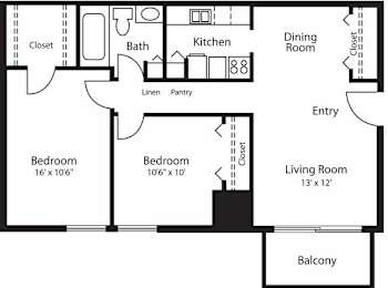 Two Bedroom One Bathroom 750 SF Floor Plan at Hummingbird Pointe & The Gardens, Ohio 44129