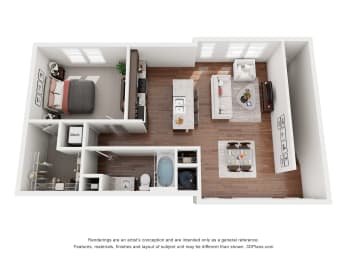a stylized floor plan with a bedroom and a living room