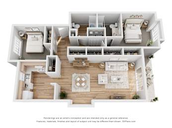 A 3D floor plan of a house with a living room, kitchen, and staircase.