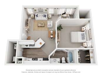 A 3D floor plan of a small apartment with a kitchen, living room, and bedroom.