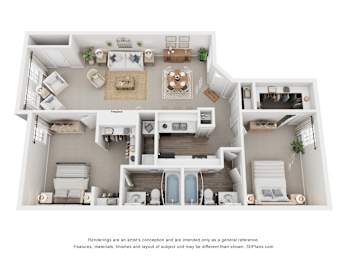 A 3D floor plan of a house with a kitchen, living room, dining room, and bathrooms.