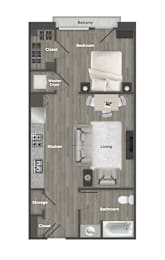 A floor plan of an apartment with a living room, kitchen, bathroom, and bedroom.