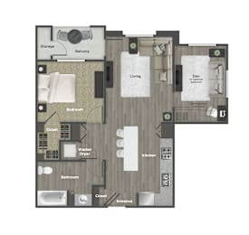 A floor plan of an apartment with a living room, kitchen, bathroom, and bedroom.