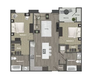 A floor plan of a apartment with two bedrooms, two bathrooms, a living room, a kitchen, a balcony, and storage.
