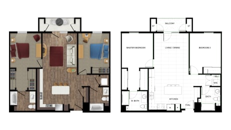 Floor Plan  two layouts of a floor plan with a wood floor