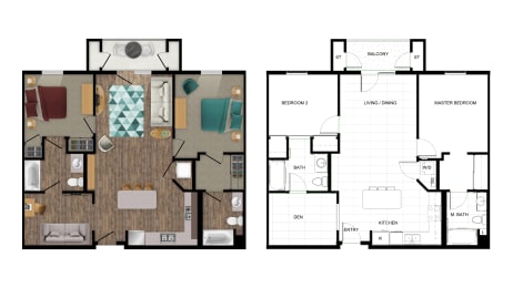 Floor Plan  two floor plans of a room with furniture and a wood floor