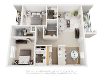 A top-down view of a small apartment with a kitchen, living room, and bedroom.