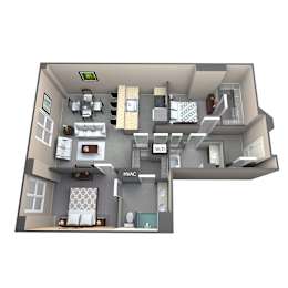 A 3D rendered image of a house layout with furniture and appliances.