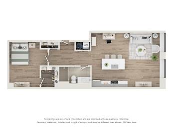 A floor plan of a house with a kitchen, living room, dining room, and bathroom.