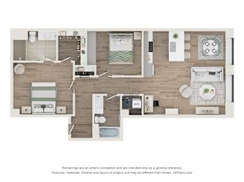 A floor plan of a small apartment with a kitchen, living room, and bathroom.