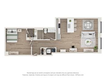 A floor plan of a small apartment with a kitchen, living room, and bathroom.