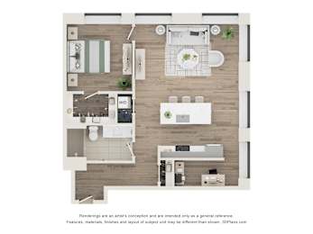 A floor plan of a small apartment with a kitchen, living room, and bathroom.