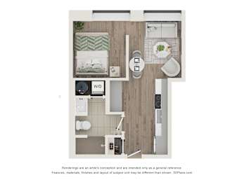 A floor plan of a small apartment with a bedroom, living room, and bathroom.