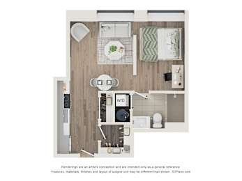 A 3D floor plan of a small apartment with a kitchen, living room, and bathroom.