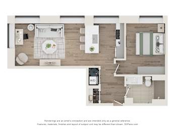 A floor plan of a modern apartment with a kitchen, living room, and bathroom.