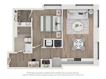 A floor plan of a kitchen and living room with a dining table and chairs.