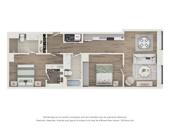 A floor plan of a house with a kitchen, living room, and bathroom.