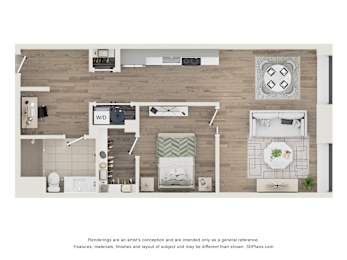 A top-down view of a modern kitchen and living room layout.