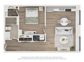 A top-down view of a modern kitchen and living room with a dining table and chairs.