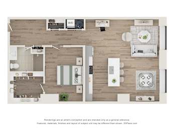 A 3D floor plan of a house with a kitchen, living room, and dining area.