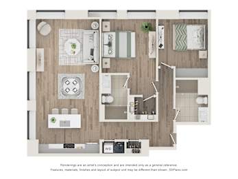 A floor plan of a kitchen and living room layout.