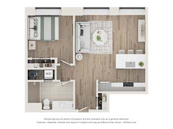 A floor plan of a kitchen and living room with a dining table and chairs.