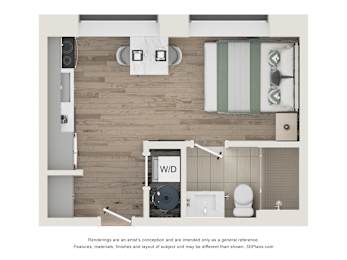 A 3D floor plan of a bathroom with a toilet, sink, and a W/D.