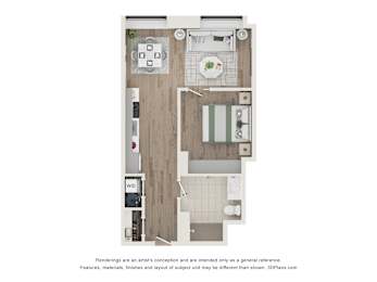 A floor plan of a small apartment with a kitchen, living room, and bathroom.