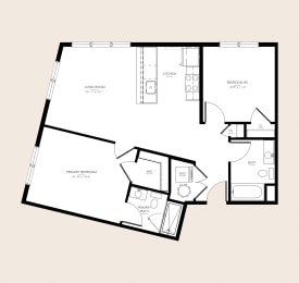 a floor plan of a residence with a bedroom and a living room