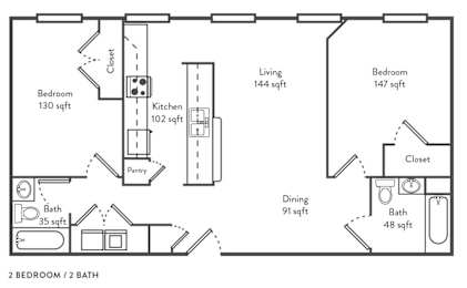 2 Bed 2 Bath Floor Plan at Albemarle Central School, Albemarle, NC, 28001