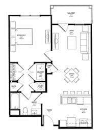 A black and white floor plan of an apartment with a balcony.