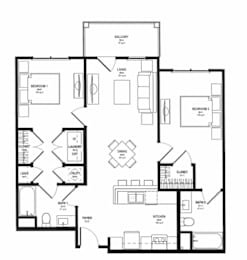 A black and white image of a house floor plan with two bedrooms, a living room, a dining room, a kitchen, a foyer, a bathroom, a laundry room, and a closet.