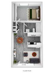 A floor plan of a small apartment with a living room, kitchen, and bathroom.