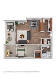 A floor plan of a small apartment with a living room, kitchen, and bathroom.