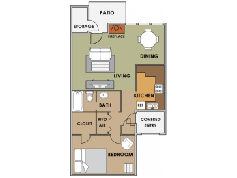 One bedroom floor plan image at Orange Tree Village Apartments in Tucson AZ